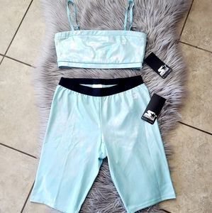 STARTER Light Blue Athletic Shorts and Bra Set Shimmer Holographic Bike